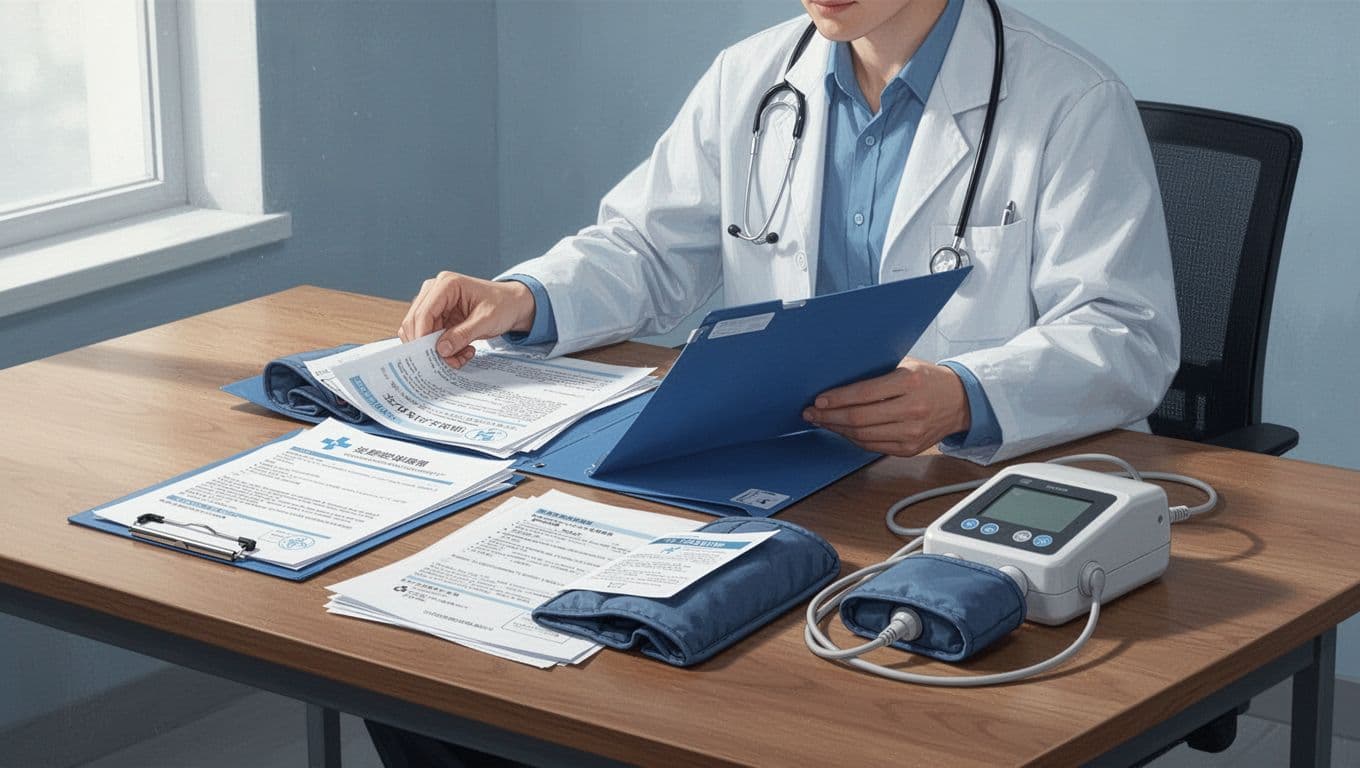 Une personne prépare un dossier médical pour une cure thermale du genou.