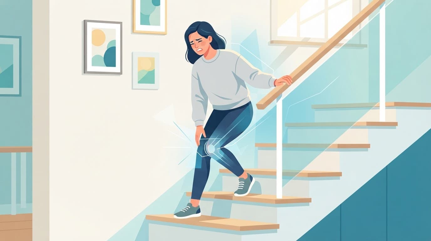 Une personne se tient le genou en montant un escalier.