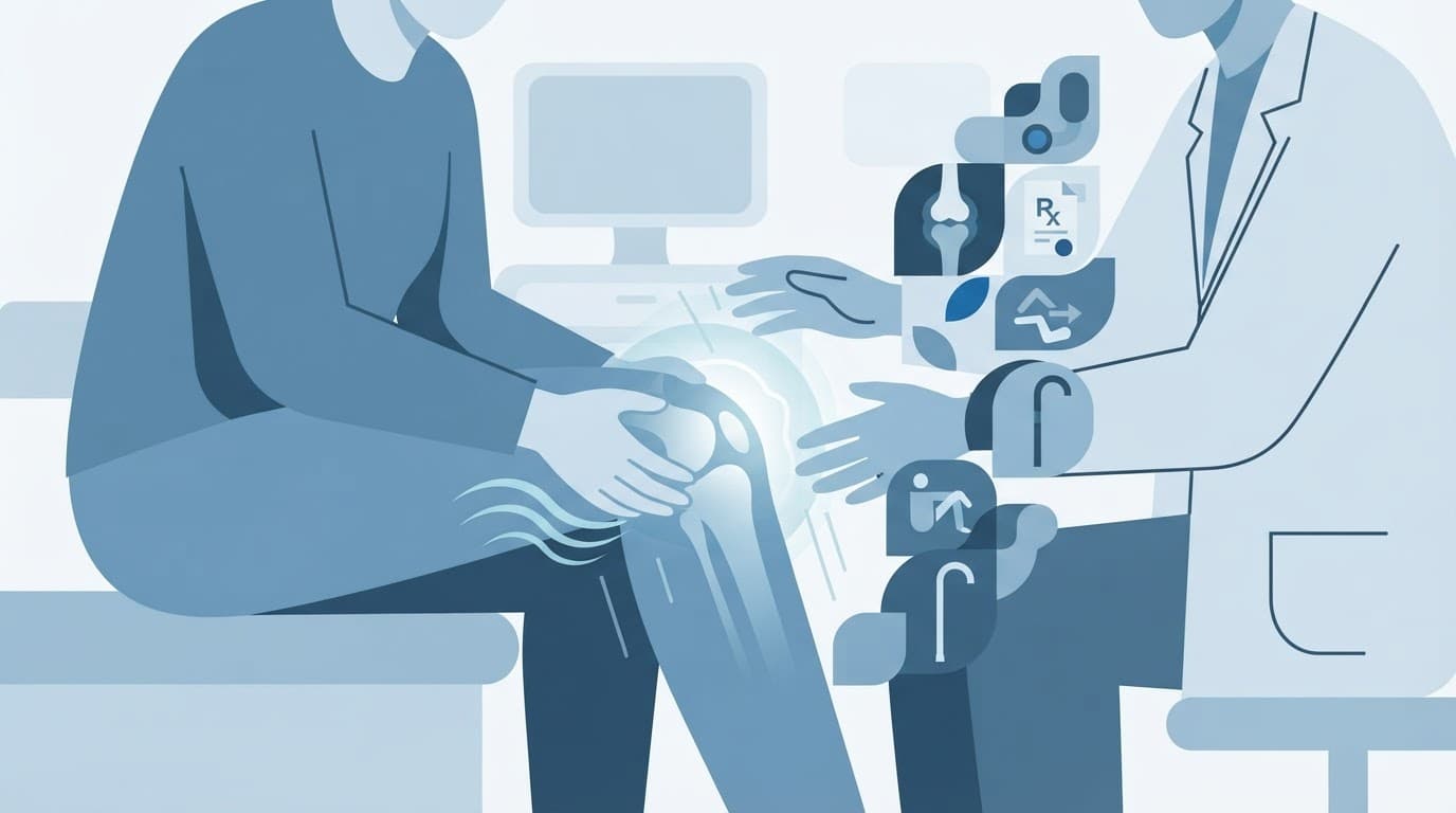 Une personne tient son genou douloureux dans une illustration bleue.