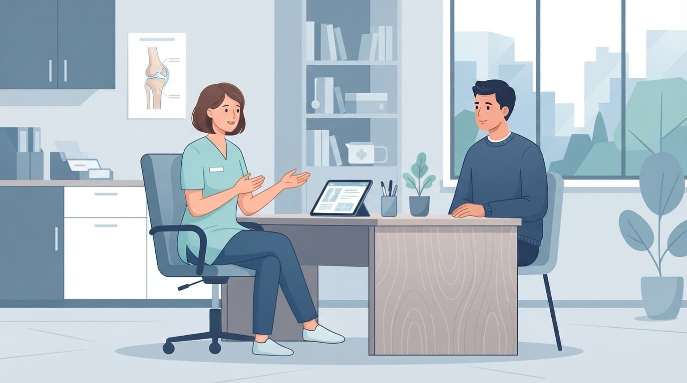 Un patient échange avec une professionnelle de santé dans un cabinet médical.