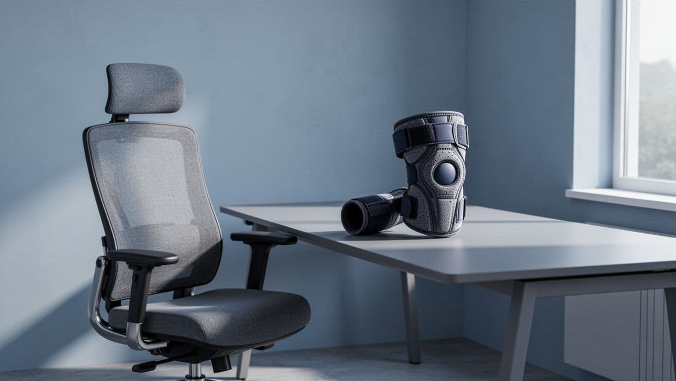 Une chaise ergonomique devant un bureau avec une orthèse du genou.