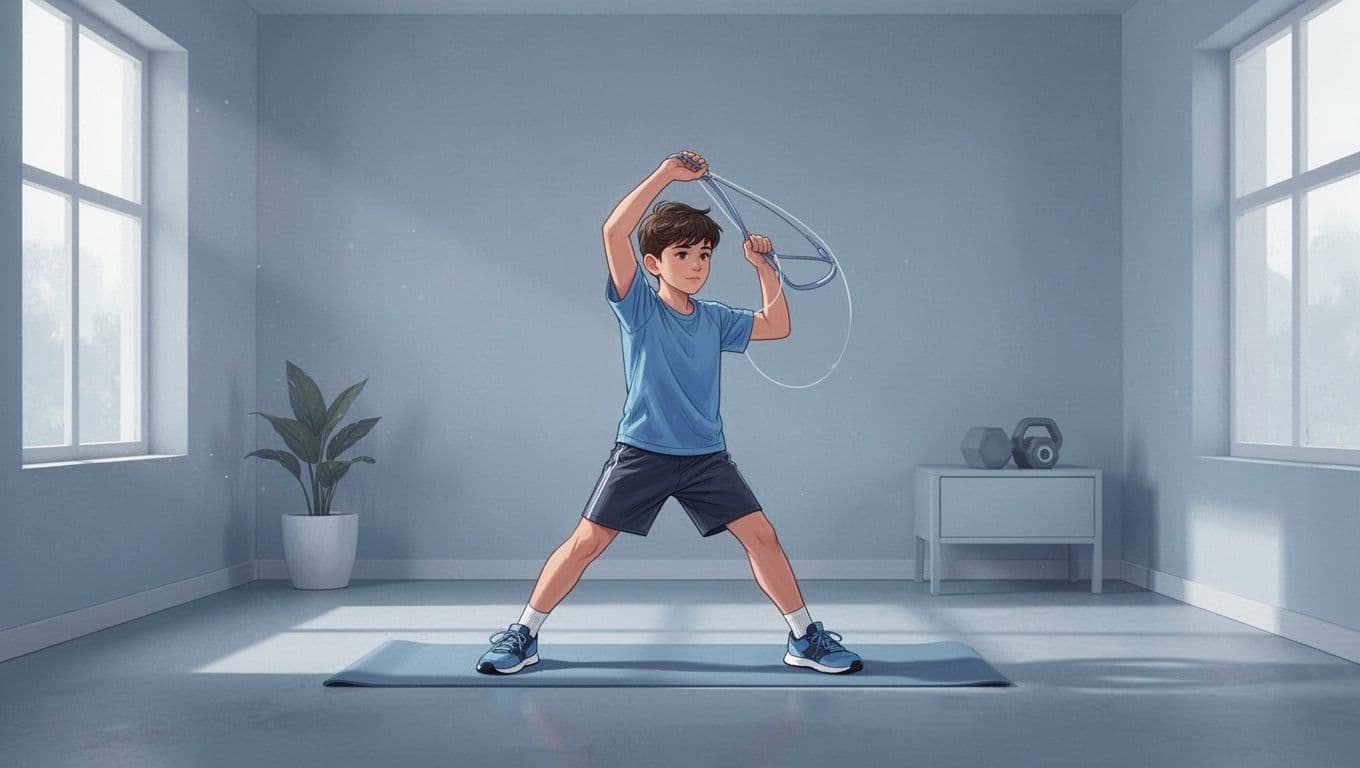 Une jeune athlète pratique des étirements doux dans une pièce bleue et épurée.