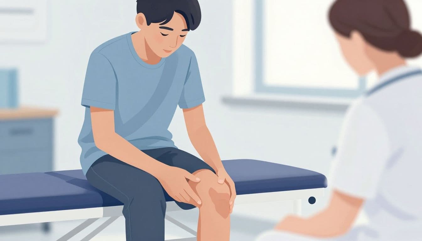 Une adolescente assise, avec une main de clinicien près de son genou.
