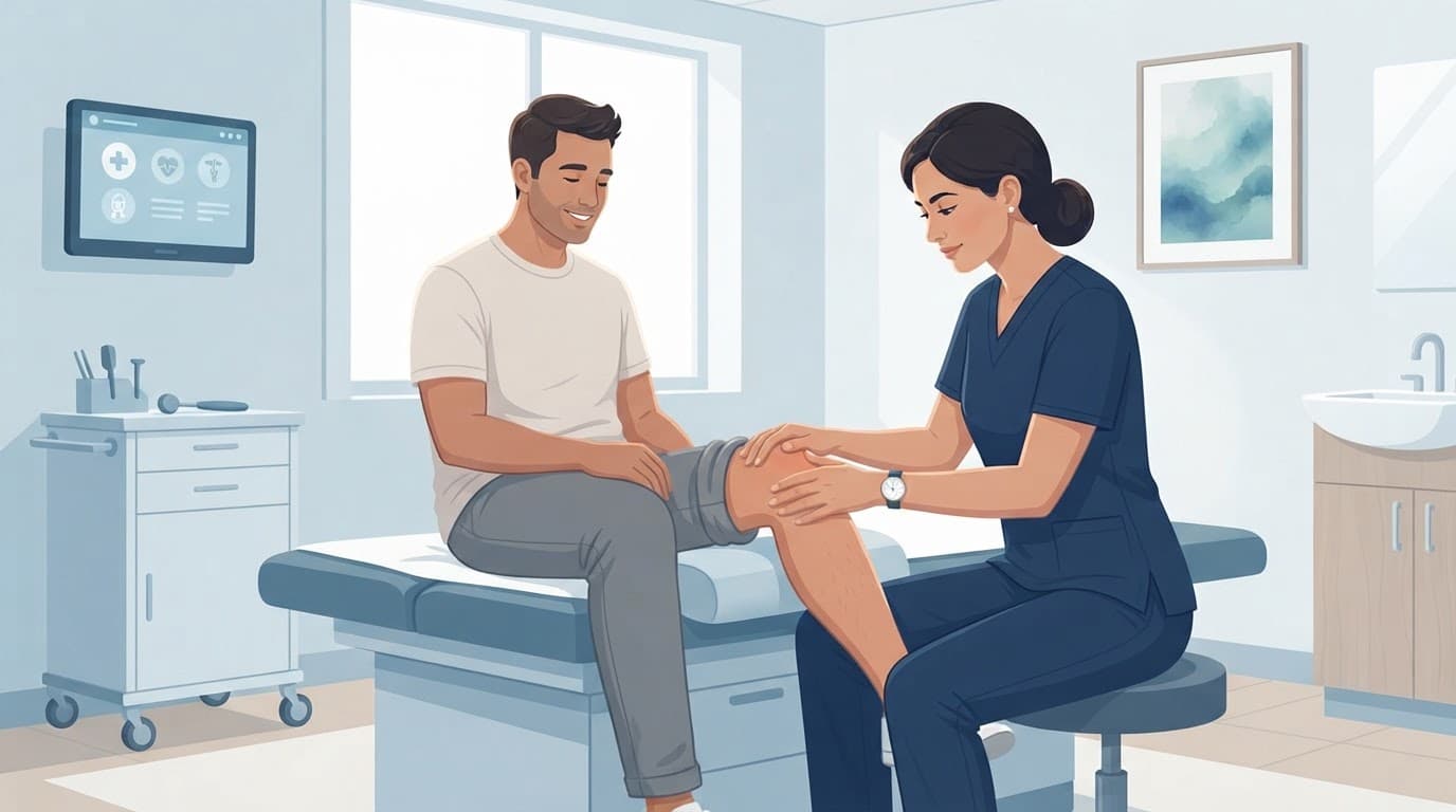Un professionnel de santé examine doucement le genou d'une patiente en clinique.