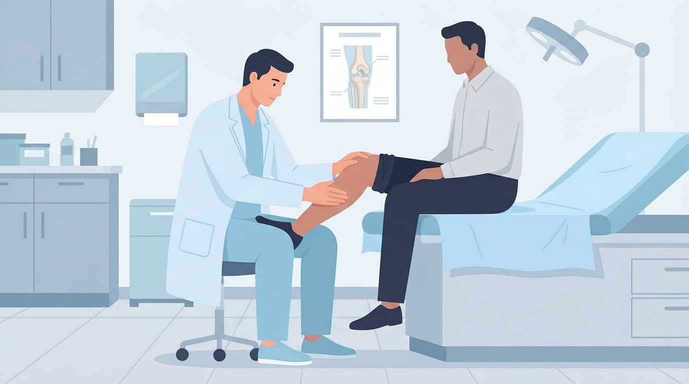 Un médecin examine le genou d'un patient dans un cabinet médical.