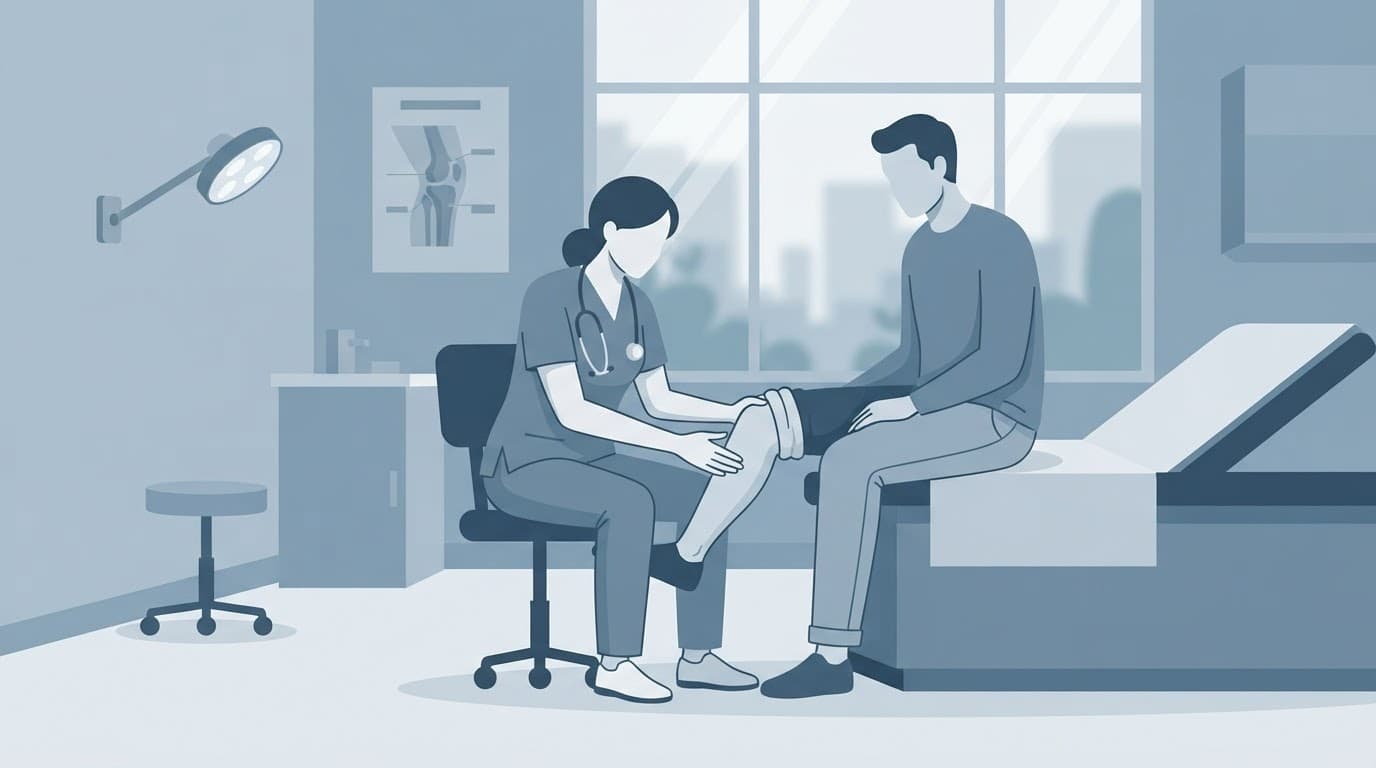 Un médecin examine le genou fléchi d'un patient dans un cabinet médical.