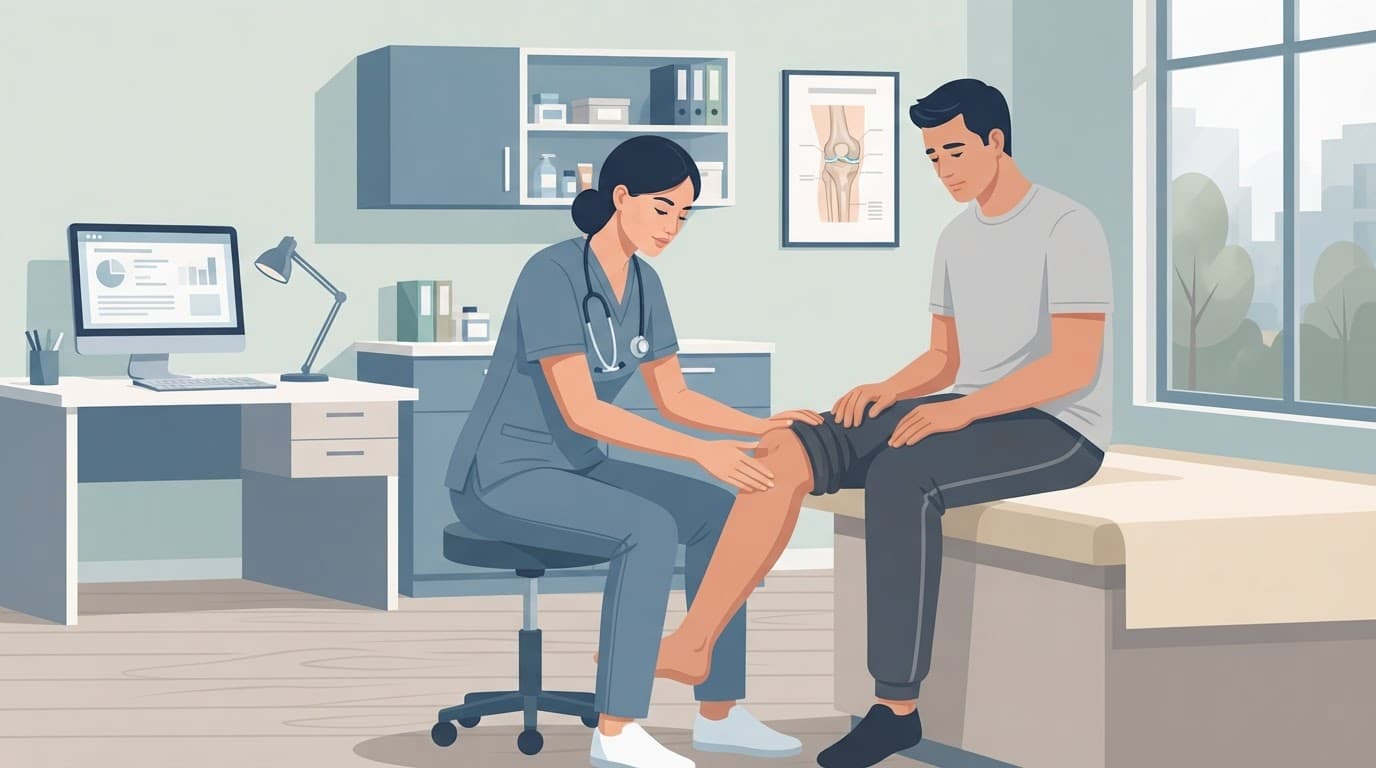 Un médecin examine le genou d'un patient dans un cabinet médical.