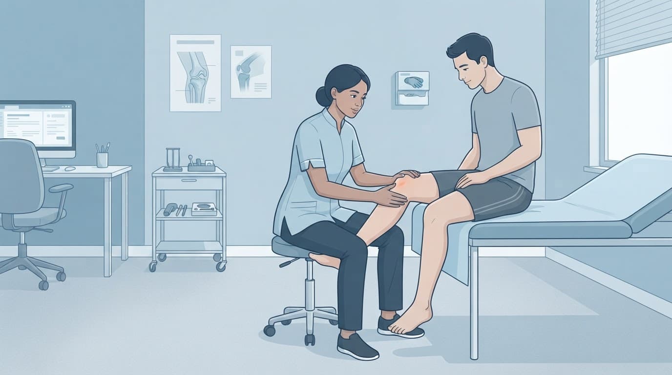 Un professionnel de santé examine le genou d'un patient dans un cabinet médical.