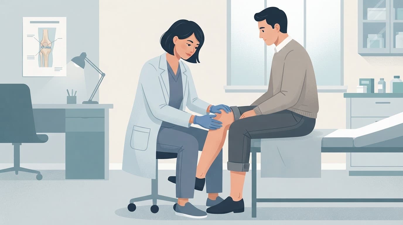 Un médecin examine le genou d'un patient dans un cabinet médical.