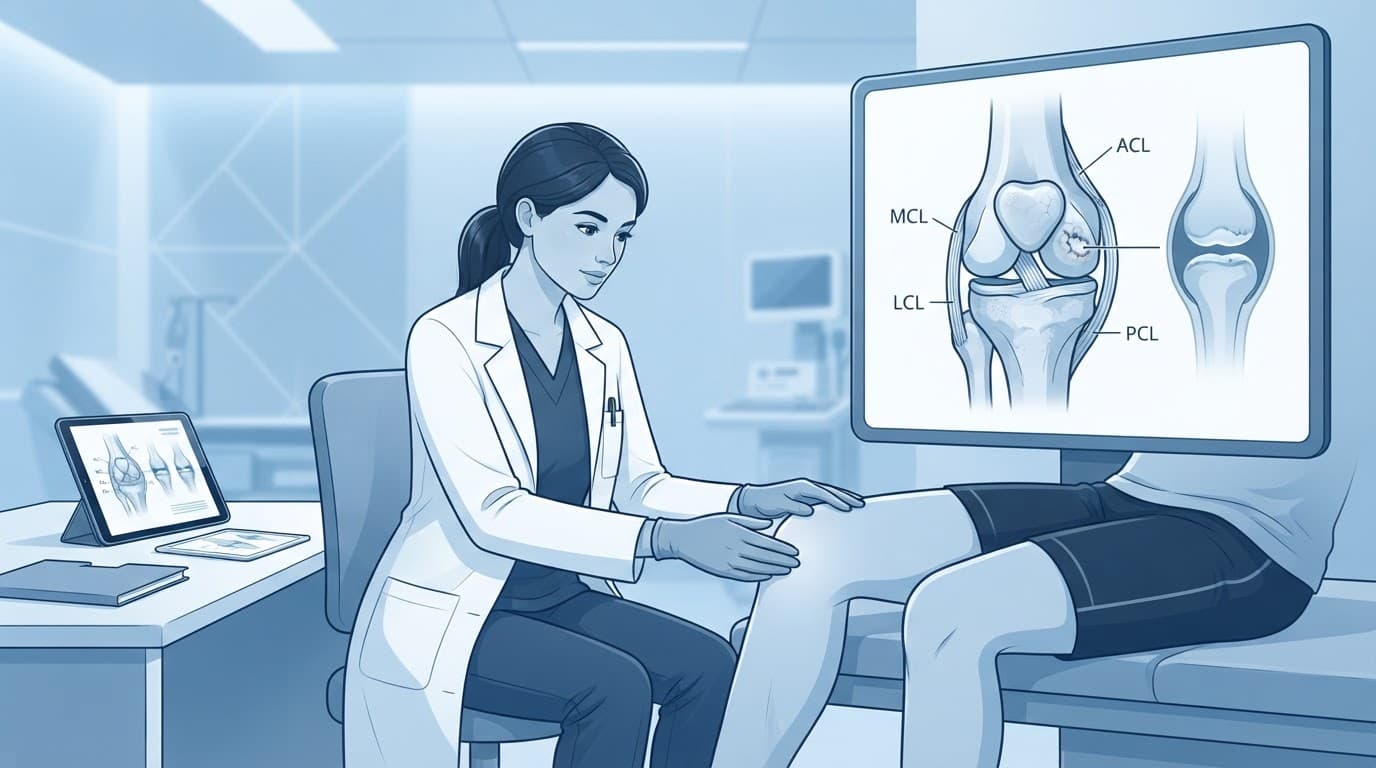 Illustration bleue d'un genou examiné lors d'une consultation médicale.