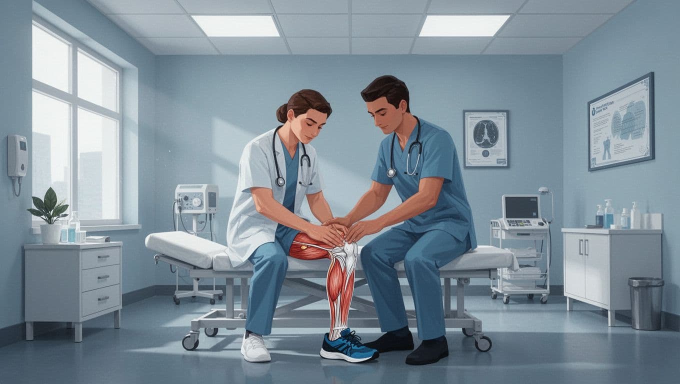 Un professionnel de santé examine le genou d'un coureur dans une clinique moderne.