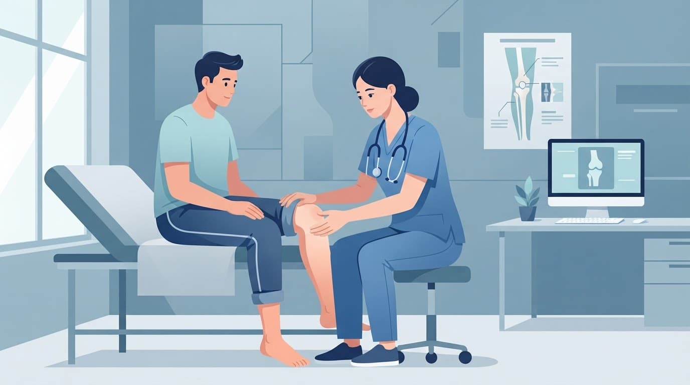 Un professionnel examine le genou d'une patiente en consultation.