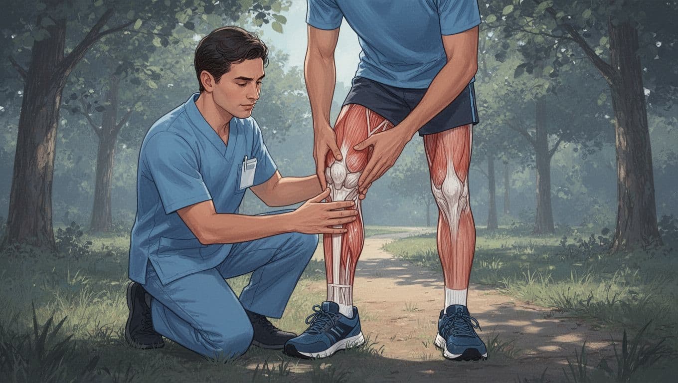Une kinésithérapeute examine le genou douloureux d'un coureur en plein air.