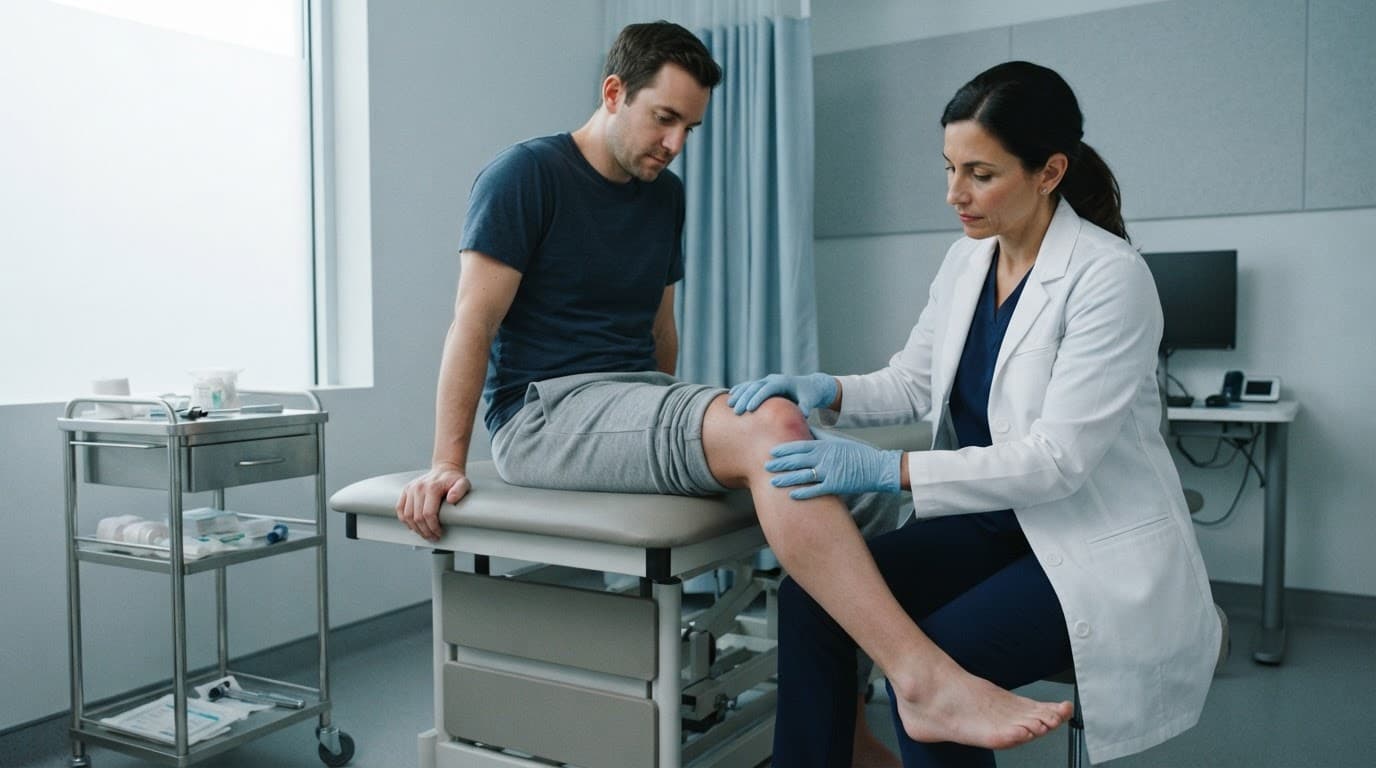 Un médecin examine le genou d'un patient dans une salle médicale lumineuse.