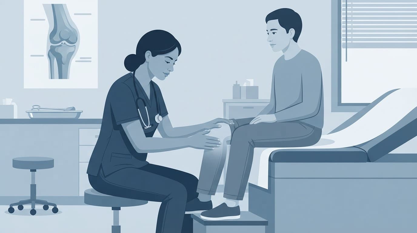 Un médecin examine le genou fléchi d'un patient dans une clinique calme.