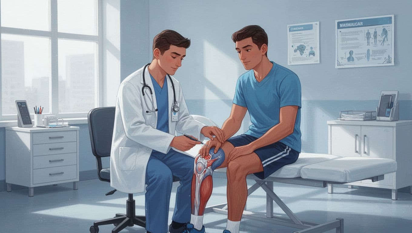 Un médecin examine le genou d'un coureur dans un cabinet lumineux.