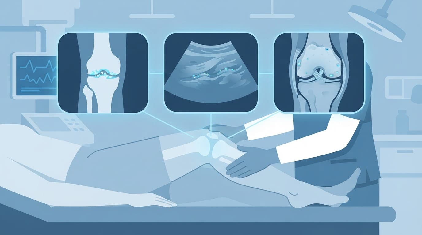 Illustration bleue d'un genou examiné avec des éléments évoquant plusieurs examens d'imagerie.