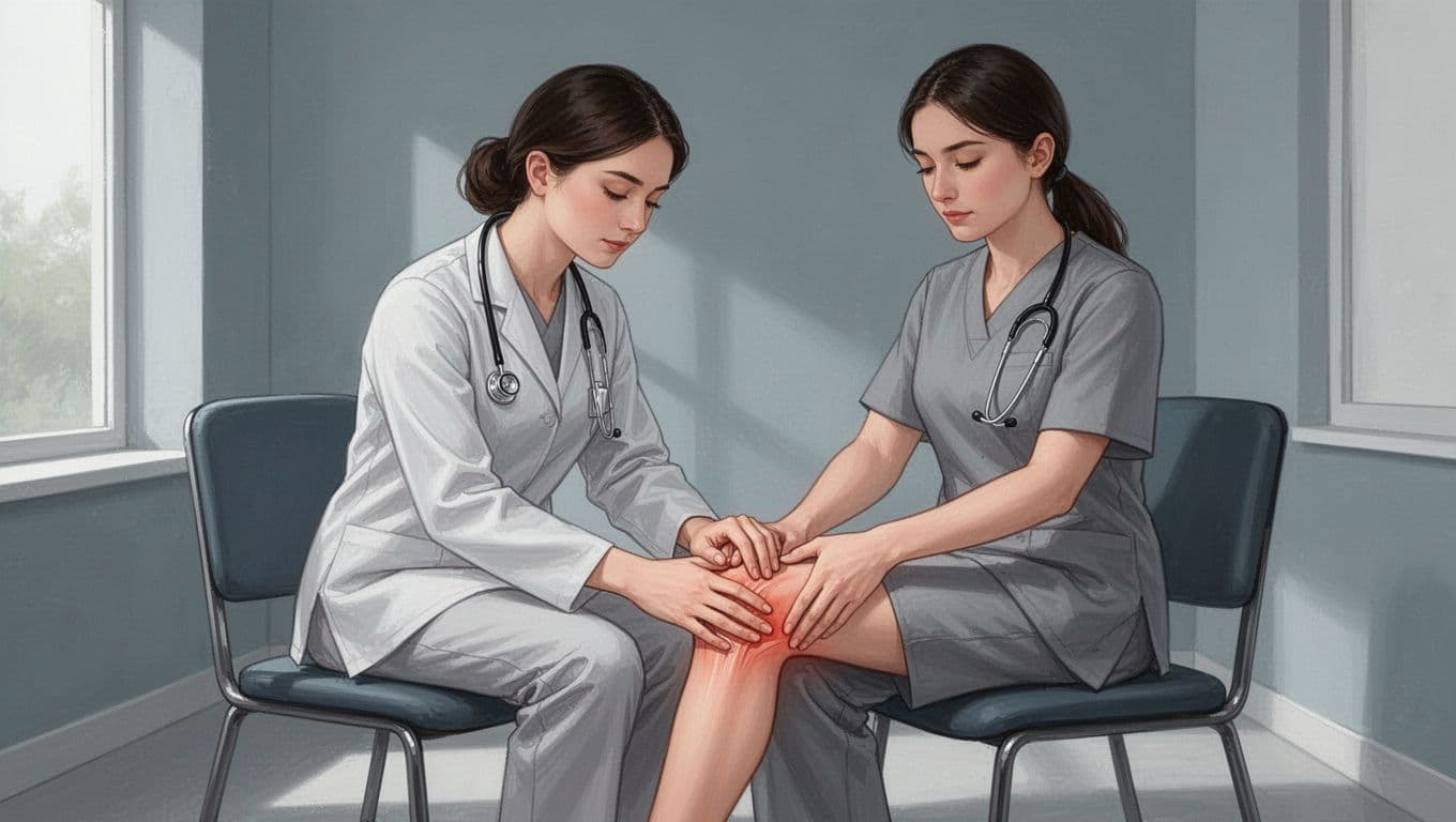Un professionnel de santé examine un genou dans une salle lumineuse.