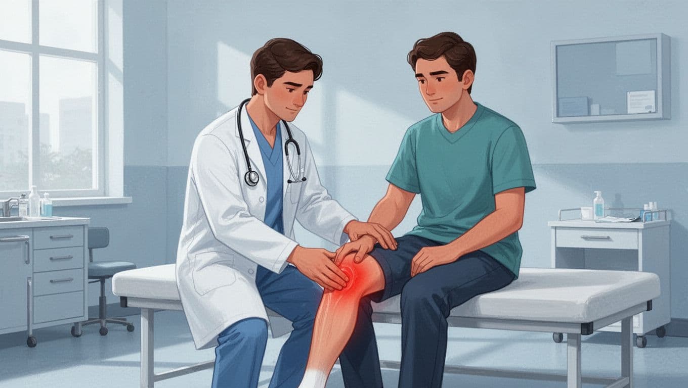 Un médecin examine le genou gonflé d'un patient.