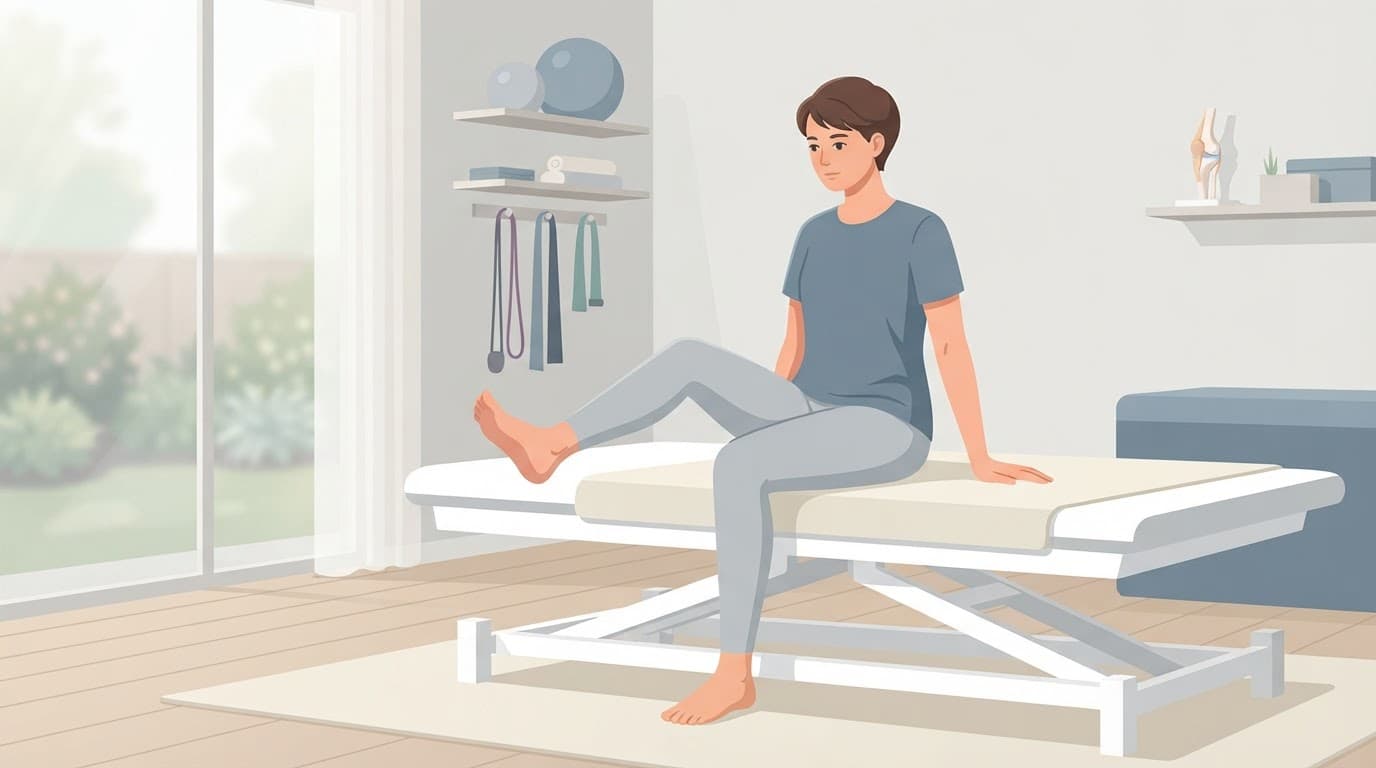 Une personne pratique un exercice doux de rééducation du genou dans une pièce lumineuse.