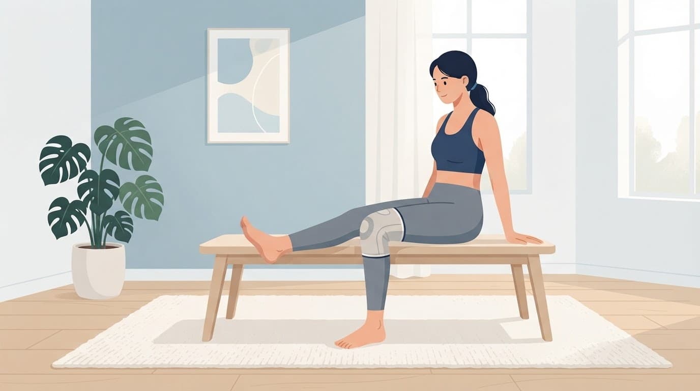 Une personne assise mobilise doucement son genou avec une genouillère.
