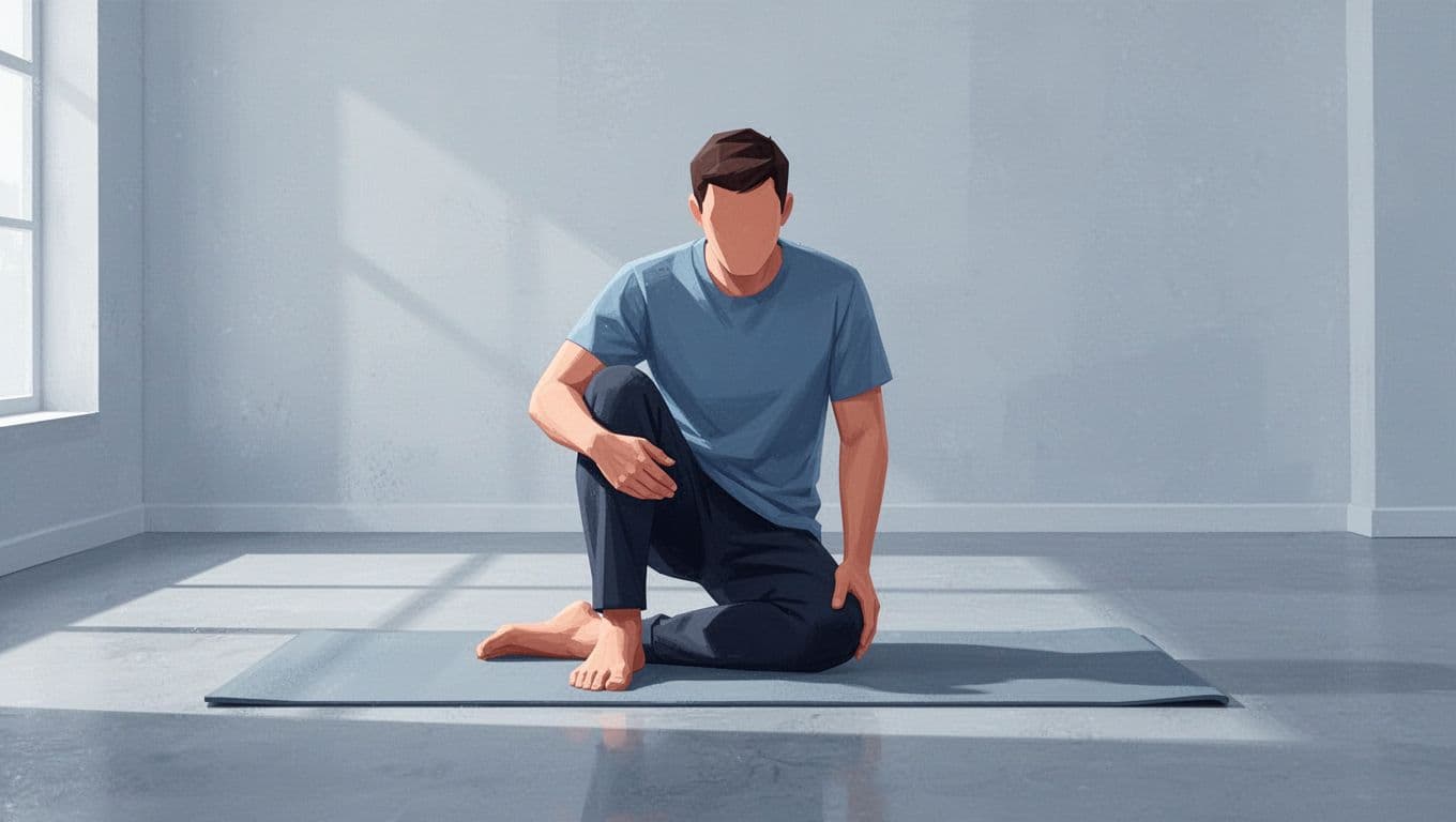 Une personne réalise un exercice doux de mobilité du genou sur un tapis.