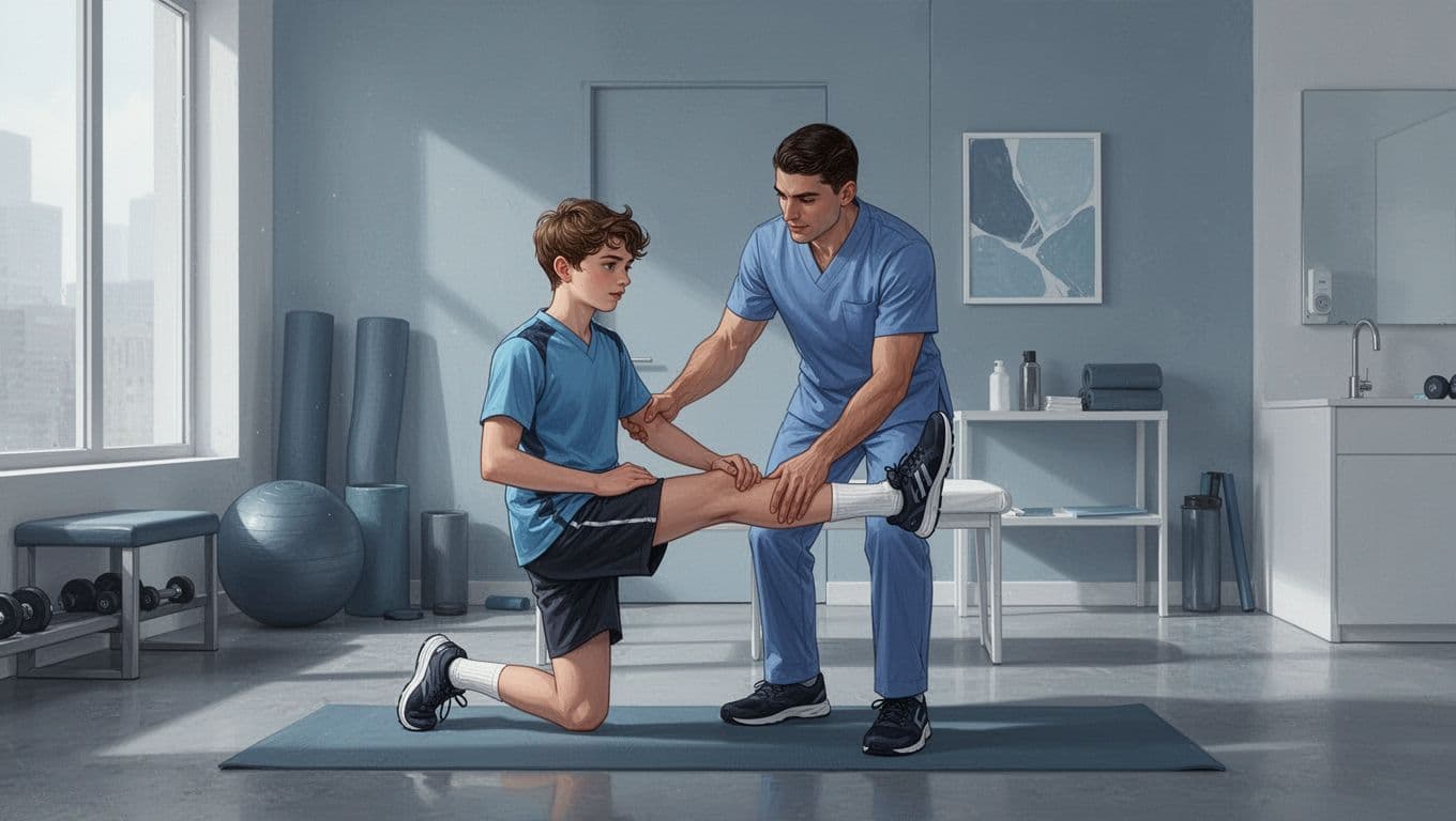 Une kinésithérapeute aide un jeune athlète à étirer doucement son genou dans une clinique.