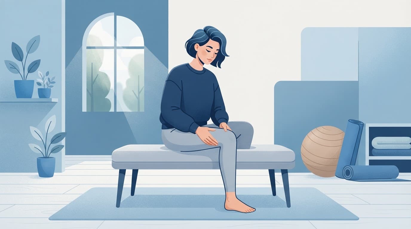 Une personne pratique un exercice doux pour mobiliser son genou dans un intérieur bleu.