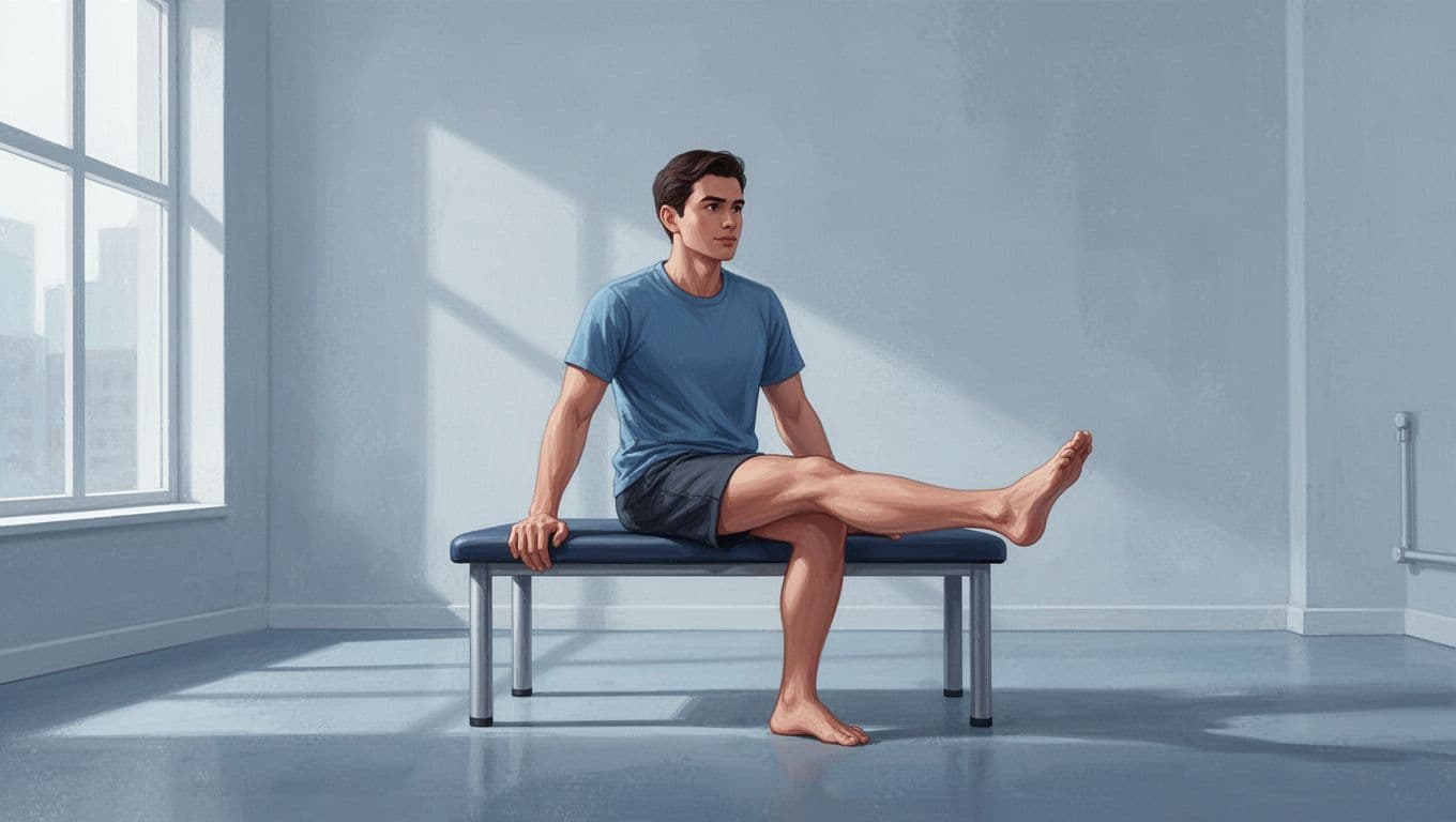 Une personne assise tend la jambe pour rééduquer son genou.