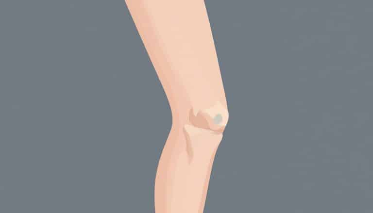 Illustration d’un genou gauche avec une légère proéminence tibiale bleutée.