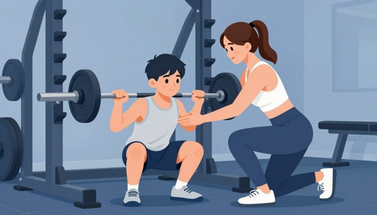 Un adolescent fait un squat avec une barre, guidé par une entraîneuse dans une salle de sport.