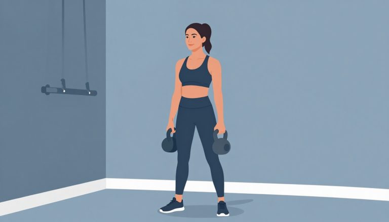 Une femme souriante tient un kettlebell dans un coin de salle de sport à domicile.