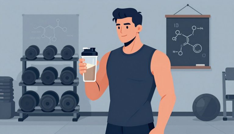 Un culturiste tient un shaker dans une salle de sport moderne, près d’haltères et d’un tableau moléculaire.