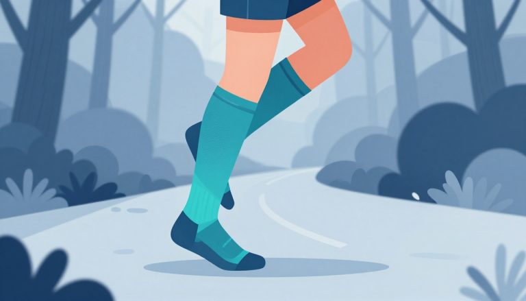 La jambe d’un coureur porte une chaussette de compression turquoise sur un sentier forestier.