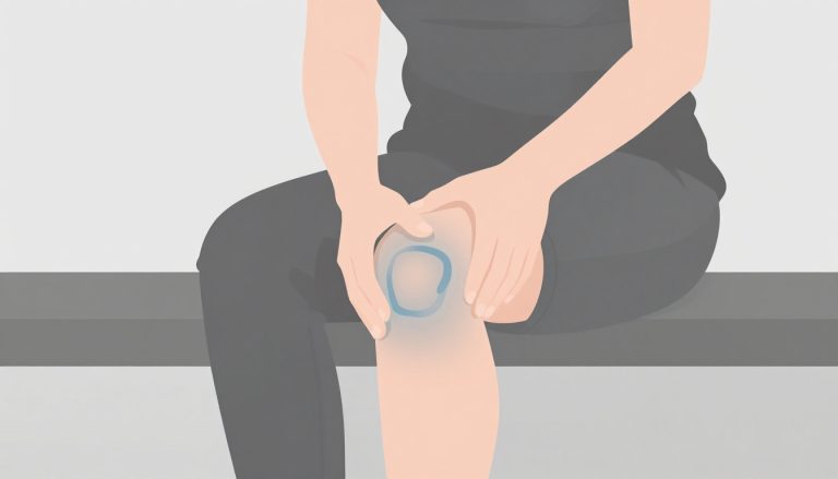 Femme assise touchant son genou légèrement gonflé, marqué d’un contour bleu.