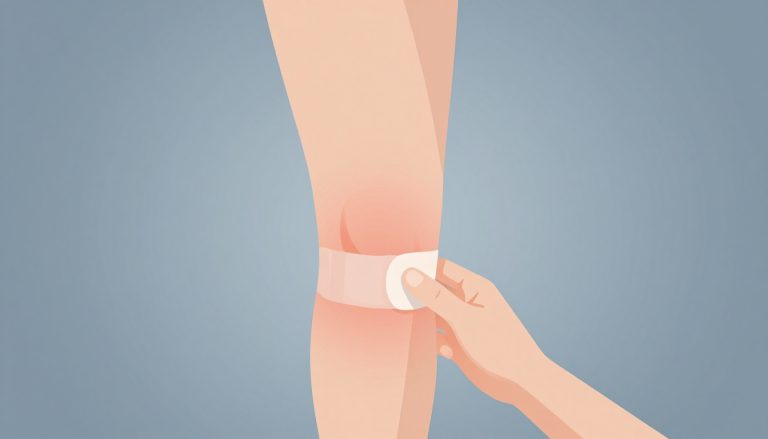 Genou légèrement gonflé avec une teinte rougeâtre et un bandage souple autour de l’articulation.