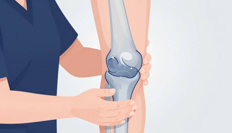 Un genou légèrement fléchi, soutenu par les mains d’un physiothérapeute, avec le ménisque mis en évidence.
