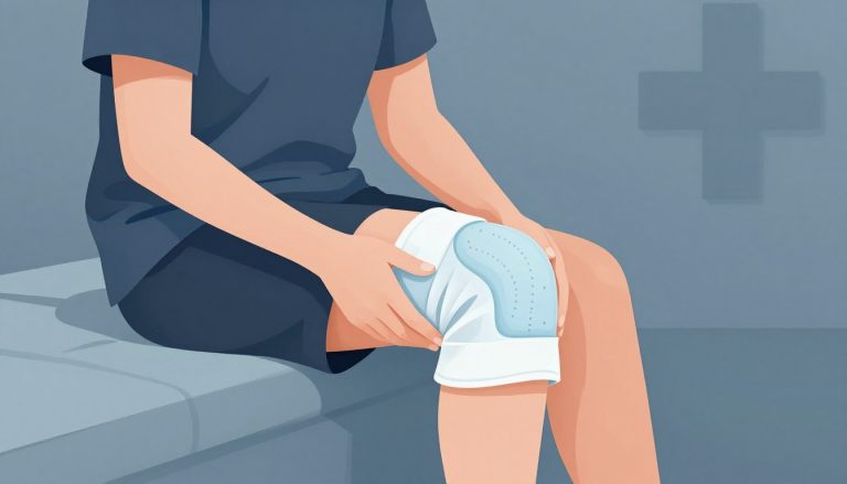 Personne assise avec la jambe surélevée et une poche froide sur le genou gonflé.