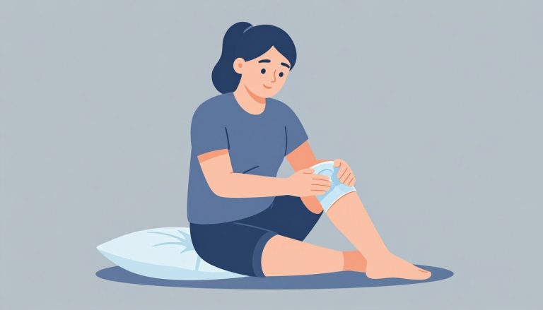 Une personne assise garde le genou gauche surélevé avec une poche de glace.