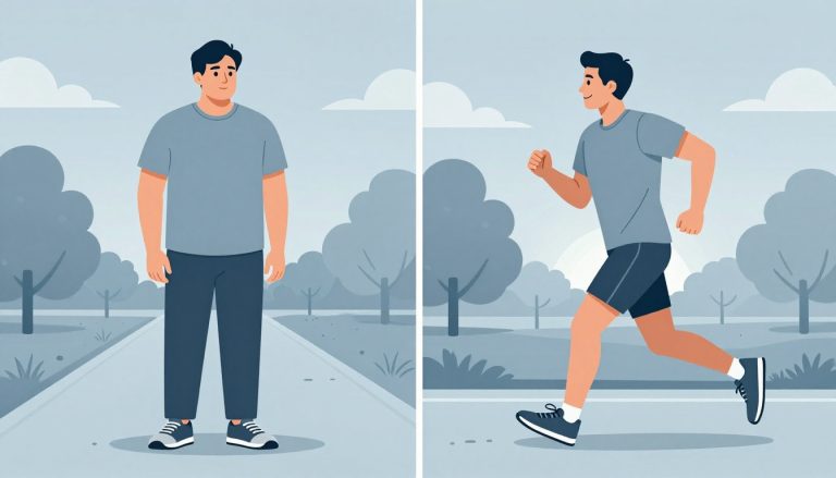 Un homme passe d’une posture voûtée à une course dynamique sur un chemin de parc.