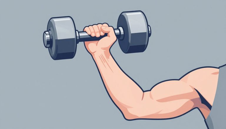 Un avant-bras musclé fléchi tient un haltère argenté sur fond gris.