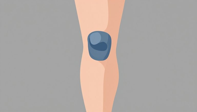 Illustration d’un genou légèrement gonflé, vu de face sur fond gris clair.