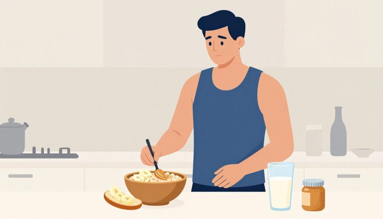 Un bol d’avoine garni de banane et de beurre de cacahuète, avec du lait et du pain complet.