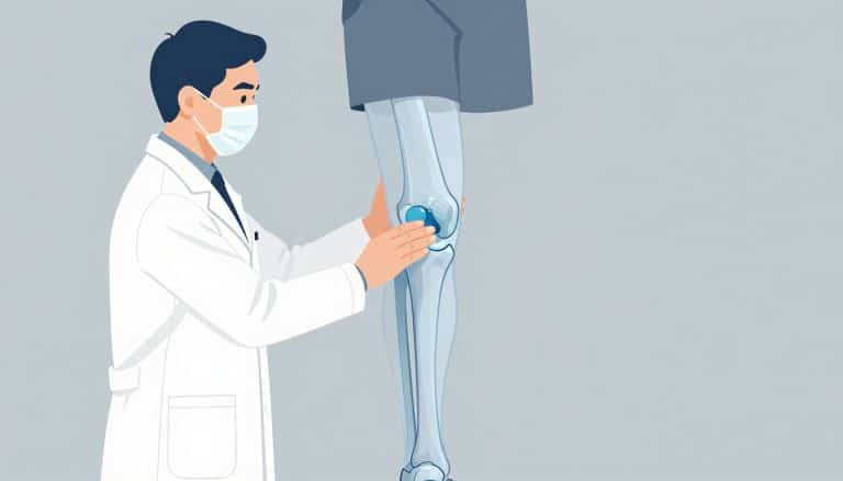 Un orthopédiste examine un genou contenant du liquide bleu pâle.