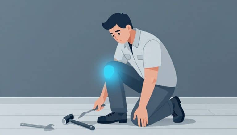 Un artisan agenouillé avec un halo bleu autour du genou et des outils au sol.