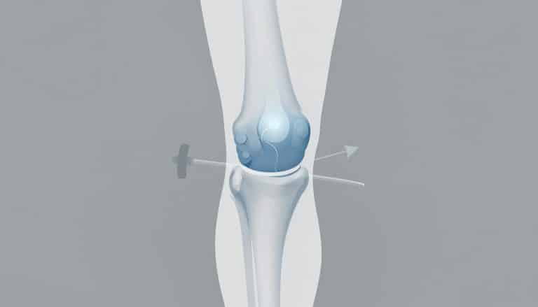 Un genou de profil montre le cartilage rotulien en bleu et des symboles de surcharge, traumatisme et déséquilibre.