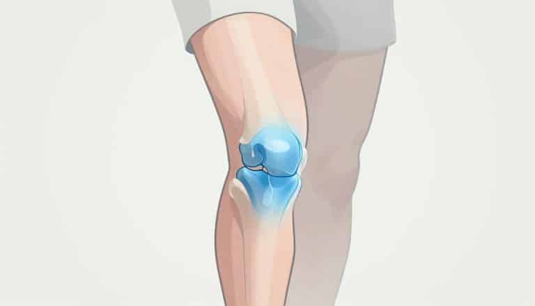 Genou légèrement fléchi avec un excès de liquide synovial bleu.