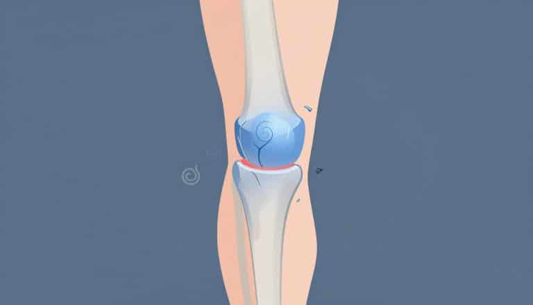 Illustration d’un genou enflammé avec cartilage visible et symboles d’infection, de traumatisme et d’auto-immunité.