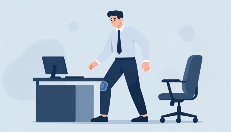 Une employée se lève d’un fauteuil, la main sur la cuisse, avec le genou et la hanche mis en évidence.