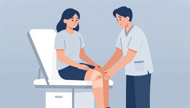 Patient au genou droit bandé, accompagné par un kinésithérapeute.